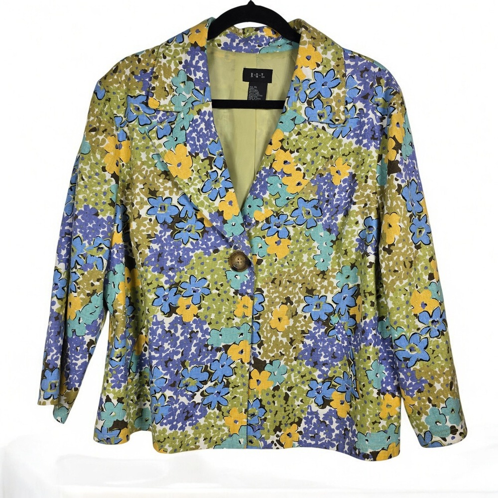 RQT Blazer‎ Jacket Women Extra Large Linen Rayon Blend Floral Yellow Blue Boho